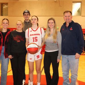 Shown from left to right, are: Dr. Justine DiBiasio, mother, Jennifer, brother, Ron, Jr., player Peyton, sister, Ariana DiBiasio and father, Ron DiBiasio, Sr. at Saugus High School last Thursday night.