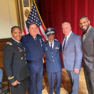 Representative Joe McGonagle (second from right), Everett Director of Veterans Affairs Antoine Coleman (right) and Major General Gary Keefe (second from left) with veterans. (Courtesy photo)