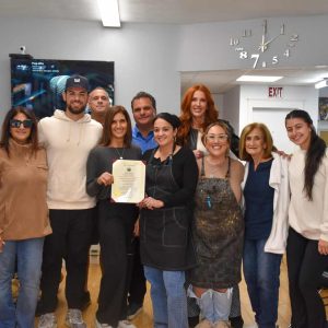 Pictured from left (Front row): Lisa DiGregorio, Anthony Cordoba, Gena DiGregorio Cordoba, Lia Gomes, Cristina Foulds, Janet DiGregorio and Julia. From left (back row): Nick Russo, Mayor Carlo DeMaria and First Lady Stacy DeMaria.