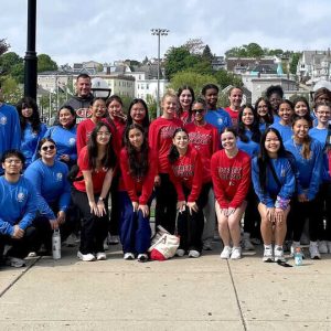 Everett students from the EHS Key Club and Everett Energy, joined by school staff and Ward 4 Councilor Holly Garcia (far left, bottom row), posed at Glendale Park during the 2025 Spring Cleanup.