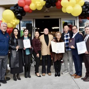 City and State officials presented citations to congratulate El Valle De La Sultana Market on the opening of its new location. Pictured from left to right: City Councilor Michael Marchese, City Council President Stephanie Martins, City Councilor Katy Rogers, State Representative Judith Garcia, City Councilor Wayne Matewsky, Sultana Market President Martha Perdomo, Sultana Market Manager Victor Gallego, Mayor-Elect Robert Van Campen and Senator Sal DiDomenico.