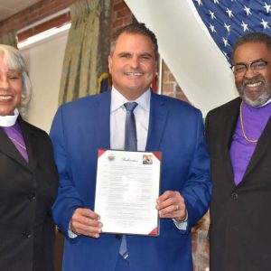 Bishop Regina E. Shearer, Mayor Carlo DeMaria and Bishop Robert G. Brown