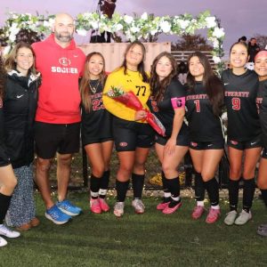 Shown from left to right, are: seniors Kathleen DeSouza, Asst. Coach Bridget Cifuni, Head Coach Domenick Persuitte, Casey Martinez, Goal Keeper Gabriella Menjivar, Luna Sepulveda, Giselle Erazo, Gabriella Lones, and Emelly DeJesus.