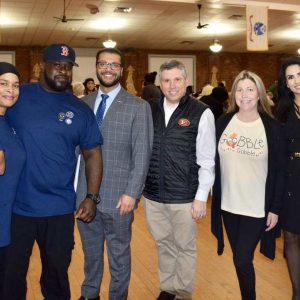 A THANKSGIVING WELCOME: From left: Everett Police Officer Raoul Goncalves, Everett Historical Commission Member Simone Holyfield, President of the Fraternal Order of Police Lodge #40 Jermaine Bellard, Ward 3 Councillor Anthony DiPierro, State Senator Sal DiDomenico, Ward 4 Councillor Holly Garcia, City Council President Stephanie Martins (Ward 2) and Mayor-Elect Robert Van Campen.