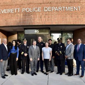 Pictured from left to right: State Representative Joe McGonagle, City Council President Stephanie Martins, Police Chief Paul Strong, State Senator Sal DiDomenico, Superintendent of Schools William Hart, Ward 4 Councillor Holly Garcia, Ward 3 Councillor Anthony DiPierro, Bishop Robert Brown, Ward 5 Councillor Robert Van Campen and Mayor Carlo DeMaria.