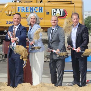 GROUND-BREAKING: Shown during the groundbreaking ceremony for the new Revere High School, from left to right: Supt. of Revere Public Schools Dr. Dianne Kelly, Mayor Patrick Keefe, U.S. Rep. Katherine Clark, City Council President Marc Silvestri, Consigli Construction Co. President Matthew Consigili and LeftField Senior Project Manager Brian Dakin toss the ceremonial dirt this past week.  (Advocate photo by Tara Vocino)