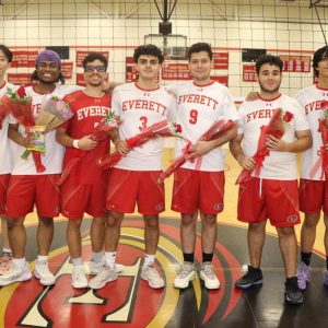 Seniors took one last farewell photograph during last Wednesday’s Everett High School Boys’ Varsity Volleyball Senior Night at Everett High School.
