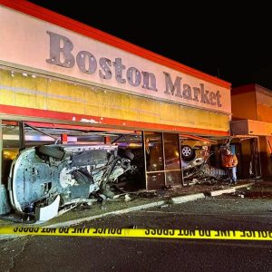 A BIZARRE ROUTE ONE BUILDING CRASH: These two demolished cars wound up inside the vacant Boston Market on Route North in Saugus when the driver of a Volvo SUV struck a parked car last November. (Courtesy photo of Saugus Police Chief Michael Ricciardelli)