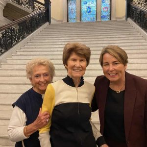 A DAY TO REMEMBER: Lifelong Saugonian Janice K. Jarosz (left) – a longtime writer, historian, local government representative and community leader in her hometown – got to hang out inside the State House recently with two of Massachusetts’ legendary women politicians. Standing on the steps with her are former Lieutenant Governor Evelyn Murphy – the first woman in Massachusetts to hold a constitutional office – and Governor Maura Healey, the state’s first woman elected to the governor’s office. Murphy, who is a first cousin of Jarosz, invited her to last week’s bill-signing of the state’s new Wage Equity Law. Murphy also invited another cousin from Saugus: Rosemary DeGregorio. She was unable to attend the ceremony, but sent her congratulations to Murphy, who was credited with passage of the new law. (Courtesy Photo to The Saugus Advocate)