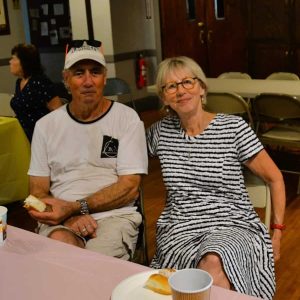 A FAREWELL TEA: Paul Dalzell, who had been a temporary priest at St. John’s since John Beach’s retirement, and his wife Robyn, relaxed at the Saugus Garden Club tea before leaving Saugus for Europe, and eventually, their home in Australia. (Photo courtesy of Laura Eisener)
