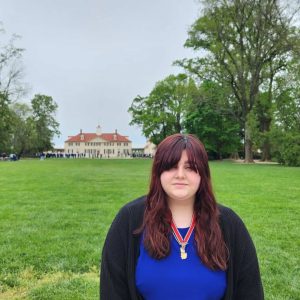 A PATRIOTIC EXPERIENCE: Caylee Cassarino, a 10th grader at Saugus Middle High School, in front of George Washington’s historic Mount Vernon estate in Virginia, where she was installed as State President of the Children of the American Revolution (C.A.R.). (Courtesy photo to The Saugus Advocate)