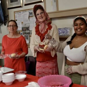 A SPECIAL TREAT: Pictured from left to right: Karen Rakinic, Joanie Allbee and Larissa Ambrosio volunteering at the Saugus Historical Society’s Strawberry Festival in June 2023. Allbee was recently named the society’s new secretary. (Courtesy Photo of Laura Eisener)