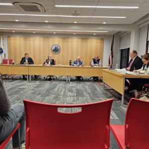 A TEMPORARY VENUE FOR THE BOARD OF SELECTMEN: With the second floor auditorium at Town Hall undergoing several weeks of painting and restoration, selectmen had to find a substitute location for Tuesday night’s meeting. They chose the Belmonte STEAM Academy School Committee Room at 25 Dow St. (Saugus Advocate photo by Mark E. Vogler)