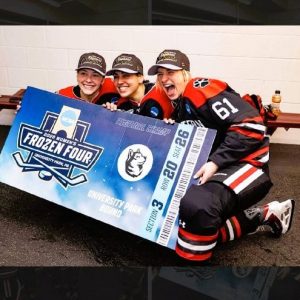 A TRIUMPHANT TICKET: Saugus’ Lily Brazis (right) celebrated with two other teammates last Saturday after No. 5-ranked Northeastern University beat No. 4-ranked University of Minnesota 4-2 to advance to the Frozen Four tournament of National Collegiate Women’s Ice Hockey. Northeastern will play top-ranked Ohio State this afternoon (Friday, March 20) in the semifinals. Ohio State has been in the final four for six consecutive years. (Courtesy photo to The Saugus Advocate)