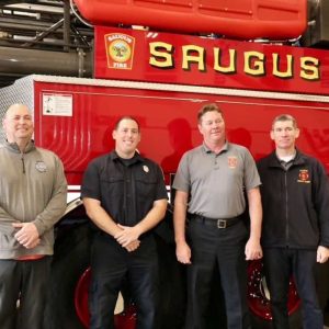 A WELCOME ADDITION: Saugus Town Manager Scott Crabtree, new Firefighter Nathan Zayas, Fire Chief Michael Newbury and Deputy Chief Thomas D’Eon Jr. after a recent swearing-in ceremony for Zayas. (Courtesy photo of Lt. Damian Drella of the Saugus Fire Department)