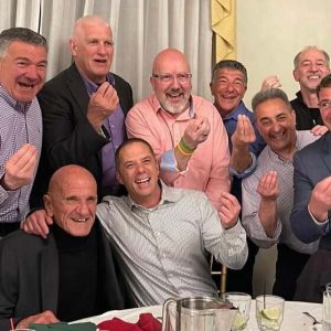 At a Saint Rocco Society Banquet a few years back, the gang’s all here. Pictured from left to right: Back: Jimmy Carducci, Johnny Cagno, Dana Brown, Richie Bransfield, Mike Cagno, Eddie Nigro, David Cagno; front: the late Butch Gennetti, his son Sal, Anthony “Chic” and Anthony Spadafora.