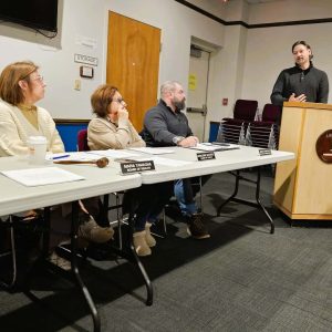 ADDRESSING THE BOARD OF HEALTH: Donald Musial, director of ash monofills for WIN Waste Innovations, offered his views on the expansion of the ash landfill at Monday’s meeting. (Saugus Advocate photo by Mark E. Vogler)