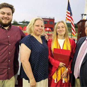 ADVANCED ACADEMY SCHOLAR: Saugus High Graduate Kendall Hatch, who is also a member of the National Honor Society, was joined by her family last Friday night; from left to right: brother Andrew, a 2021 Saugus High graduate who is studying mechanical engineering at UMass Lowell; mom Wendy, the Finance Director and Treasurer/Director for the Town of Saugus; and dad School Committee Member John Hatch. Kendall plans to attend the University of New Hampshire in the fall to study Mechanical Engineering. (Saugus Advocate photo by Mark E. Vogler)