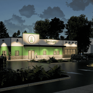 AN ARTIST’S RENDERING: This is Sanctuary Medicinals’ conception of how its future retail marijuana dispensary at 181 Broadway (the southbound lane of Route One) will look during the nighttime once its construction has been completed. (Courtesy art to The Saugus Advocate)