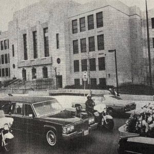 The hearse bearing the body of Malden High School Principal Arthur P. Boyle passed directly in front of the school he loved during his funeral procession. (Tom Hiltz photo)