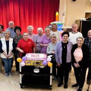 APRIL BIRTHDAYS: The Saugus Senior Center recognized 18 residents who celebrated their birthdays collectively last Friday (April 25) during a special celebration there. Pictured from left to right: Front row: Gloria Trenini, Diane Currie, Roseanne Testa, Mary Ann Picardi, Michele Kelley, Doris Napier, Lorraine Lewis, Isaura Jakimczyk and Margie Berkowitch; back row: Luigi Borsotti, Carole Levine, John Baginsky, Arlene Decareau, Shirley Bogdan, Bridget Forziati, Sam Toste, Tony Sarno and Rosita Giliberto. (Courtesy Photo to The Saugus Advocate)