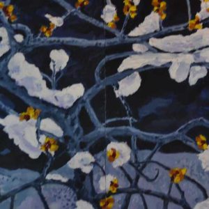 “April Snow, Breakheart” is a painting by Kelly Slater showing oak buds opening despite a late spring snow in Breakheart Reservation. (Photo courtesy of Kelly Slater)