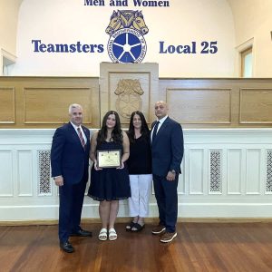 Left to right: Teamsters Local 25 President Tom Mari and Ariana, Ursula and Joseph Bulla.