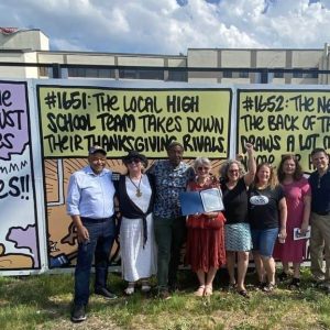 Pictured from left to right: former Ward 7 Councillor Neal Anderson, Malden Arts Board Vice President Candace Julyan, Artist Keith Knight, Jr., Malden Arts Board Member At Large Sharon Santillo, Malden Arts Treasurer Naomi Brave, Malden Arts Board Member At Large Naomi Kahn, Ward 1 Councillor Peg Crowe and Mayor Gary Christenson.