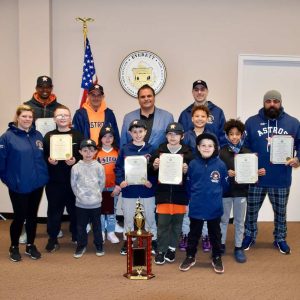 Mayor Carlo DeMaria presented citations to the Astros team for winning the Everett Little League Minor League Championship.
