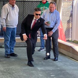 OPENING NIGHT: First night of bocce ball at the Italian American Citizens Club (IACC) with special guest Mayor Gary Christenson rolling out the first ball as IACC President Billy Settemio, Club member Jimmy Tucker from Public Facilities and former Malden Controller Dom “Unofficial Mayor of Edgeworth” Fermano.