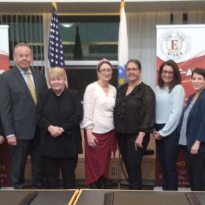 State Sen. Sal DiDomenico congratulated the new Everett School Committee last Tuesday, which includes his son, Student Representative Sal DiDomenico, far left. Shown from left, DiDomenico, Vice-Chair Samantha Lambert, Maroney Almeida-Barros, Supt. William Hart, Chairperson Jeanne Cristiano, Margaret Cornelio, Robin Babcock, Samantha Hurley, Joanna Garren, Senator Sal DiDomenico, and School Committeeman Joseph D’Onofrio. Missing from the photo is Mayor Carlo DeMaria and School Committee member Joseph LaMonica. (Advocate photo by Neil Zolot