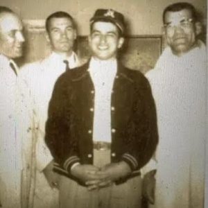 BOB ROTONDI AND EDDIE YOST: Bob Rotondi (center) once had the opportunity to attend and participate in a professional baseball tryout camp hosted by the Washington Senators. While there, he met several Indians Major Leaguers, including the incomparable Eddie “Walking Man” Yost, who once set a big-league record for walks earned at the plate. Rotondi and Yost hit it off and became lifelong friends. When the Senators came to play the Red Sox at Fenway, customarily Bob would invite him to come to Malden for Bob’s mom’s world-class pasta and meatballs. Pictured above, from left, in 1958, are Yost, Chuck Stobbs, Rotondi and Steve Korochek.