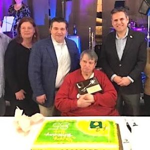 Pictured from left to right: Bob Rotondi’s 85th birthday party at the Moose in 2024 — Bob Knox, Ward 1 Councillor Peg Crowe, Councillor-at-Large Craig Spadafora, (the late) Bob Rotondi, Mayor Gary Christenson and Councillor-at-Large Jadeane Sica.