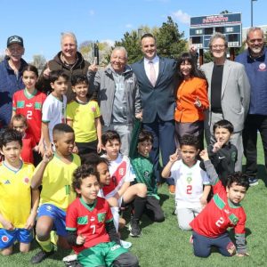 Shown from left to right: Kneeling: Adam Jarir and Zakaria Izri; middle row: Jeremy Del Rio, Neymar Pervilus, Karl Ulysse, David Salazar, Yanis Zahaf and Oussman Izri; third row: Noah Chea, Samira Jarir, Anis Ifkarine, Jacob Gutierrez, Yanis Zahaf and Milan Villanueva; fourth row: Ward 2 Councillor Ira Novoselsky, Ward 1 Councillor James Mercurio, FC Bolts Director/Coach Cesar Salazar, Mayor Patrick Keefe, City Council Vice President Angela Guarino-Sawaya, City Council President Anthony Zambuto, Ward 4 Councillor Paul Argenzio and School Committee member John Kingston. (Advocate photo by Tara Vocino)