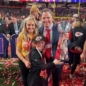 Kansas City Chiefs assistant general manager Mike Borgonzi, his wife, Jill, and son, Joseph, are shown proudly posing with the Super Bowl trophy after the Chiefs defeated the San Francisco 49ers in overtime, 25-22 at Allegiant Stadium in Las Vegas on Feb. 11. Mike and Jill also have a daughter, Nina. (Courtesy photo / X)