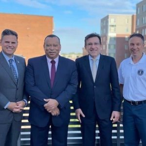 Pictured from left to right: Mayor Gary Christenson, Consul General of Brazil in Boston Benedicto Fonseca Filho, Deputy Consul General Roberto Gabriel Medeiros and Malden Public Facilities Director Eric Rubin. (Photo courtesy of City of Malden News)