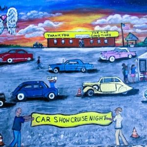 CHEERS TO THE GOOD TIMES: Rumble, Roars, Tunes and Chow. This is a photo of a 20x16 acrylic painting that depicts a montage of Guy Moley’s Mom’s Cancer Fighting Angels Car Show. In the front, holding the car show sign, are, from left to right, event organizer Guy Moley and Bill Pappas – the man Moley says “taught me all I know about how to run a car show.” (Courtesy photo and painting by Joanie Allbee to The Saugus Advocate)