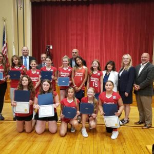 CITATIONS FOR YOUNG CHAMPIONS: Saugus Selectmen honored the members of the Saugus Softball U12 All Stars at last week’s Board of Selectmen meeting. The team won the District 16 Championship and went on to finish third in the Massachusetts State Championship Tournament. (Saugus Advocate photo by Mark E. Vogler)