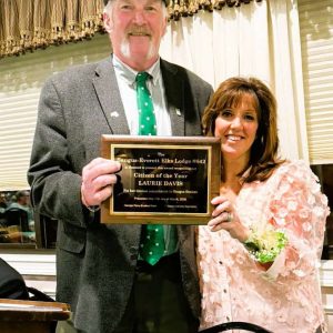 CITIZEN OF THE YEAR: Saugus-Everett Elks Lodge #642 Secretary Steve Doherty presented a recognition plaque to Saugus Senior Center Director Laurie Davis last week at the Irish Night. (Courtesy photo of Debra Panetta to The Saugus Advocate)