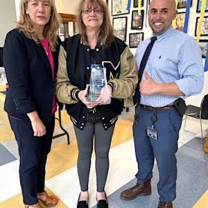 CONGRATULATIONS ON 50 YEARS! Pictured from left to right: Malden Supt. of Schools Dr. Ligia Noriega-Murphy, Administrative Assistant Jeanne Marquardo and Director of Physical Education and Athletics Charlie Conefrey. (Advocate Photo)