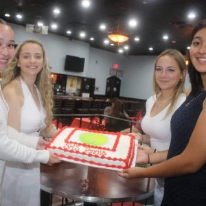 At left are seniors Mia Klempa-Brown and Wiktoria Biegun; at right are seniors Lexi Rais and Rachel Rivas during Tuesday’s Saugus High School Girls’ Varsity Tennis banquet at Polcari’s.
