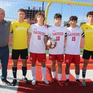 TEAM LEADERS: Shown from left to right: Head Coach Guillermo Sepulveda, Captain/Goalie Xavier Martinez, Captain Kaeleb Mathieu, Captain Abraham Costa, Captain Noah Giron and Captain/Goalie Massimo Pagliocco.