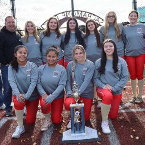 Shown from left to right: Kneeling: Kassidy Rivera, Mia Allen, Lindsay Sylva and Jordyn Sikora; standing: Assistant Coach Jim Tiberii, Alexa Morello, Assistant Coach JT Morello, Sophia Clarke, Alexandra DeMaria, Peyton Warren, Emma Salvi, Juliette Romboli and Head Coach Nick Olson proudly displayed their trophy. (Advocate photos by Tara Vocino)