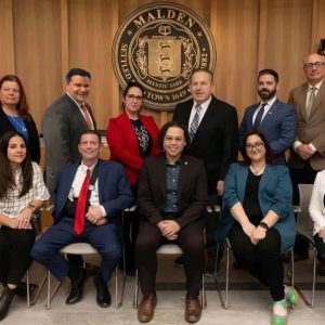The Malden City Council voted to dismiss four debt exclusion requests at its regular meeting on Tuesday. Pictured from left to right: Front: Jadeane Sica (Ward 8); Chris Simonelli (Ward 7); Carey McDonald (at-Large); Ari Taylor (Ward 5); Amanda Linehan (Council President, Ward 3); back row: Peg Crowe (Ward 1); Craig Spadafora (at-Large); Karen Colón Hayes (at-Large); Paul Condon (Ward 2); Ryan O’Malley (Ward 4) and Stephen Winslow (Ward 6). (Courtesy/City of Malden)