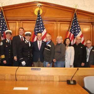 Shown from left to right: Deputy Fire Chief Michael DiCarlo, State Rep. Jessica Giannino, Fire Chief Christopher Bright, State Representative Jeffrey Turco, Fire Lt. Leonard DiBartolomeo, Mayor Patrick Keefe, Jr., City Council Vice President Ira Novoselsky, Ward 1 City Councillor Joanne McKenna, School Committee Vice Chair Jacqueline Monterroso, School Committee Member Anthony Caggiano, School Committee Secretary John Kingston and City Council President Anthony Cogliandro.