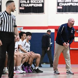 RHS Head Coach David Leary at courtside during last season’s battle against Somerville.