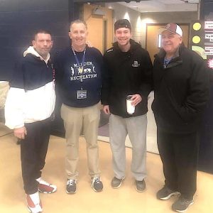 Hosts for the Malden Rec/ Ward 7 hosted Free Baseball Clinic for kids citywide are, from left, Ward 7 City Councillor Chris Simonelli, Joe Levine, Malden Recreation Coordinator, Emerson Assistant Coach Henry Butterfield, and Malden Youth Baseball's Frank Moreschi. (Courtesy/ Councillor Simonelli)