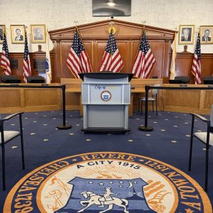 The new podium is shown inside the Joseph DelGrosso City Council Chamber at Revere City Hall. The room underwent technological upgrades and improvements, including an overhaul of the audio system. (Courtesy of Mayor Patrick Keefe’s Office)