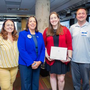 Left to right: Everett Teachers Association President Kim Auger, Lt. Governor Kim Driscoll, STEM Teacher of the Year Dr. Anna Seiders and her Everett High STEM faculty colleague, Dr. Chris Backlund.
