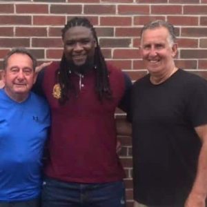 Pictured from left to right: The unofficial Mayor of Edgeworth, Dom Fermano; Malden High School football Head Coach Witche Exilhomme and birthday boy Joe Levine.